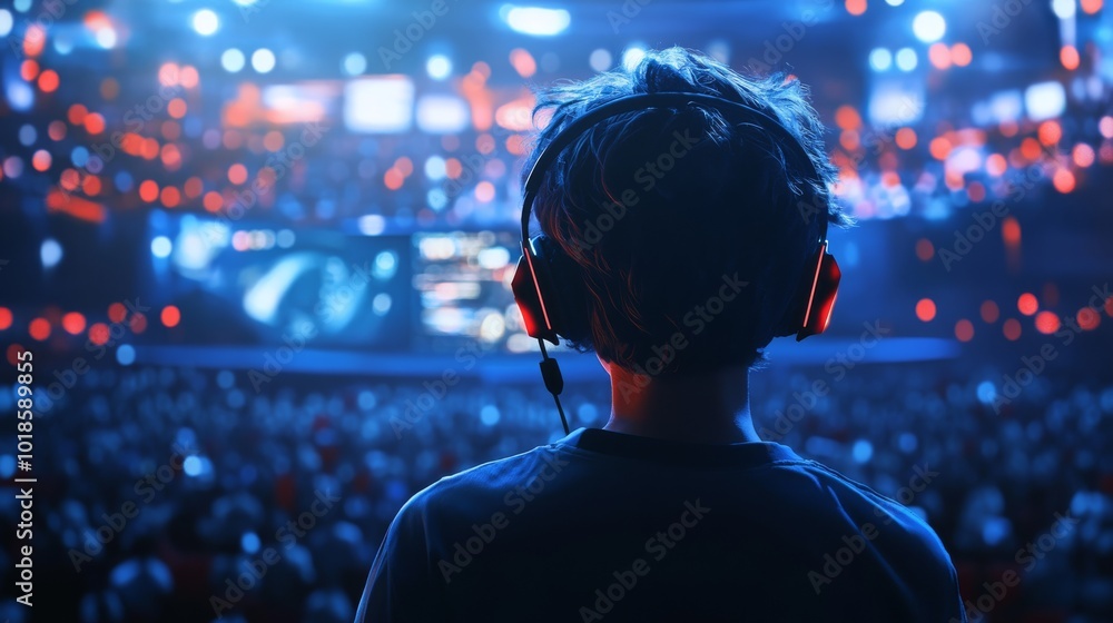 A child with headphones watches a vibrant esports event, immersed in the excitement of the gaming atmosphere and large illuminated screens. A child with headphones watches a vibrant esports event, immersed in the excitement of the gaming atmosphere and large illuminated screens.