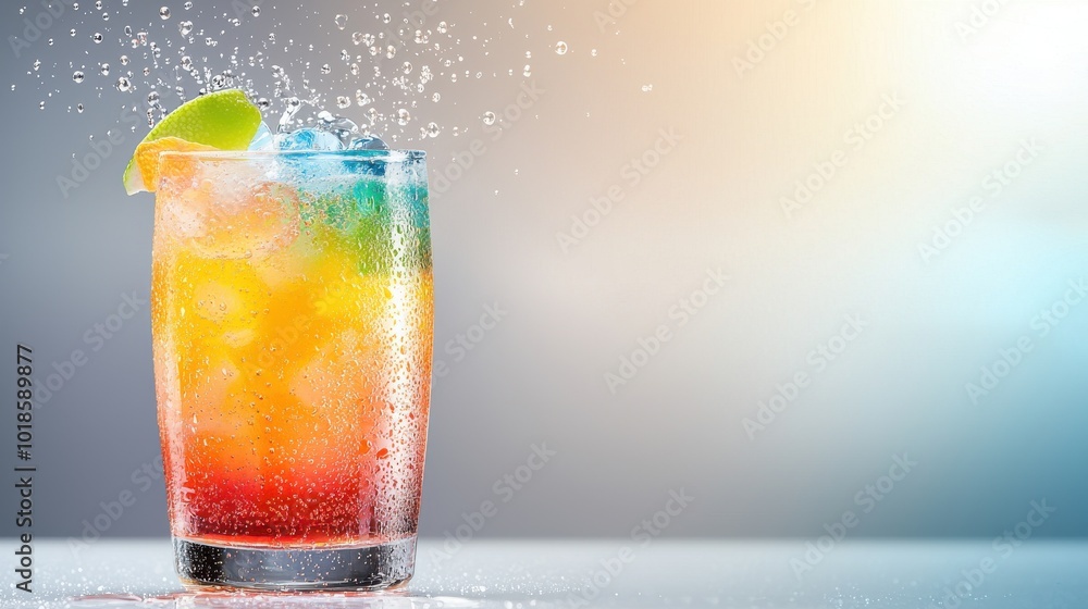 A colorful soda drink with bubbles rising, showing the sparkling effect through the clear glass. A colorful soda drink with bubbles rising, showing the sparkling effect through the clear glass.