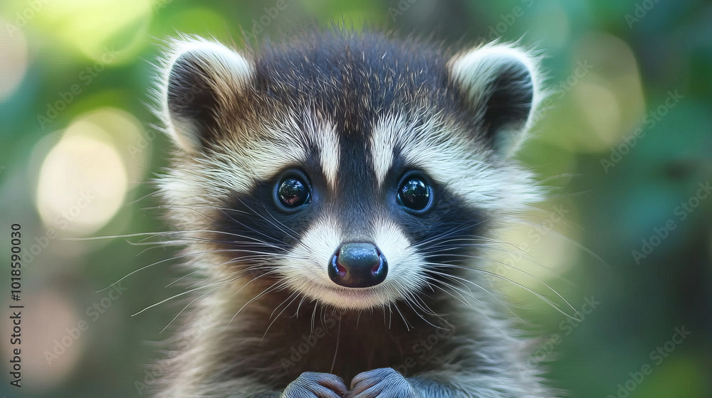 Close-up of baby raccoon with bright eyes in natural outdoor setting Close-up of baby raccoon with bright eyes in natural outdoor setting