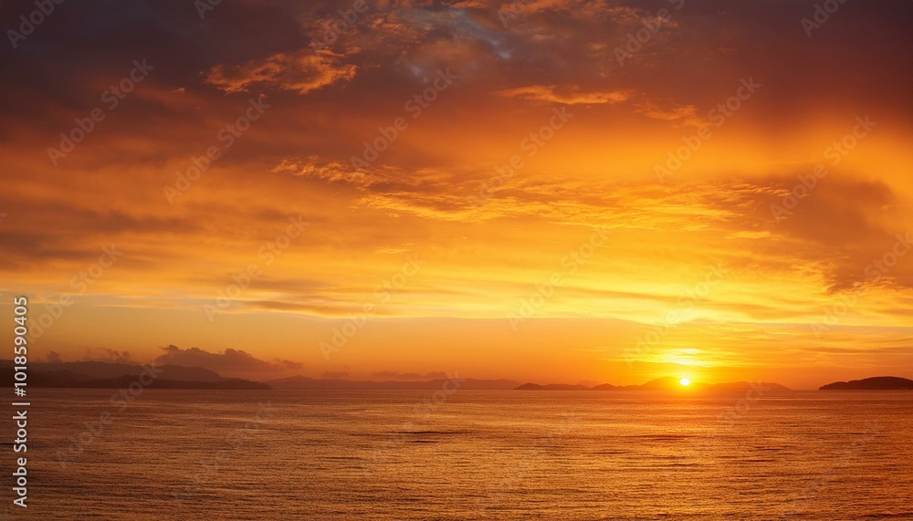 Obraz premium Orange and golden sunset sky calmness tranquil relaxing sunlight summer mood. 