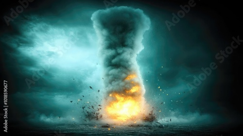 A powerful explosion creates a mushroom cloud over a darkened landscape at dusk