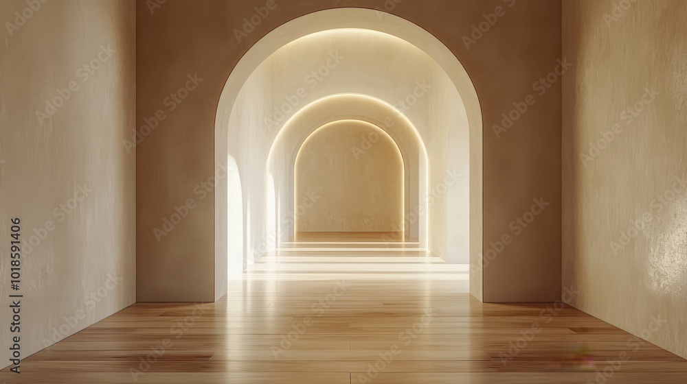 Fototapeta premium A Modern Hallway with Arched Entries and a Wooden Floor
