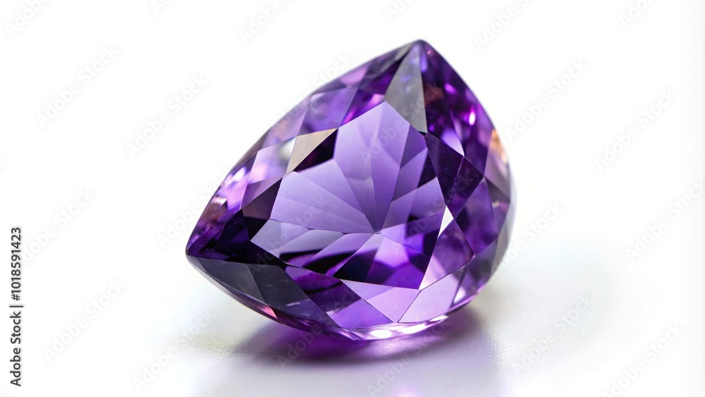 Amethyst gemstone in a unique tilt angle on a solid white background Amethyst gemstone in a unique tilt angle on a solid white background