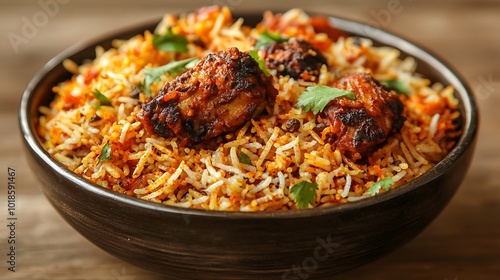 Delicious Chicken Biryani in a Bowl Indian Cuisine Rice Dish Food Photography