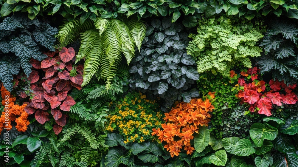 Vibrant green wall with various plants and colorful flowers showcasing diverse foliage and textures in a lush indoor garden Vibrant green wall with various plants and colorful flowers showcasing diverse foliage and textures in a lush indoor garden