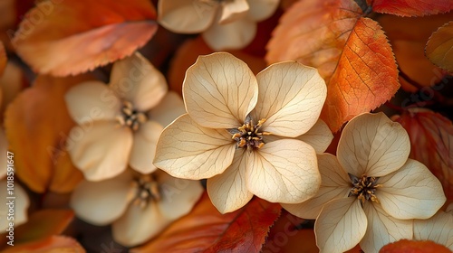 Dried Flowers with Orange and Red Leaves Close Up
