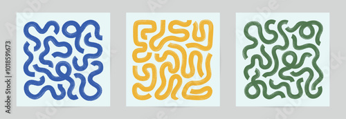 Wavy bold brush strokes maze banner set. Square abstract geometric lines poster, wall art