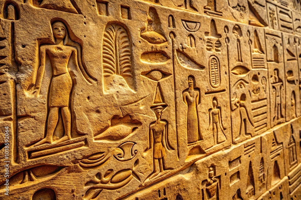 Ancient Egyptian hieroglyphs carved on rocks in a desert landscape Ancient Egyptian hieroglyphs carved on rocks in a desert landscape