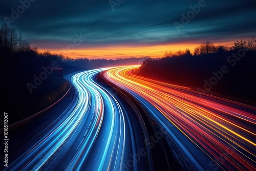 long exposure photography captures the flow of car lights along a busy highway at night creating a dynamic vibrant tapestry of colors that reflects the energy and movement of urban life
