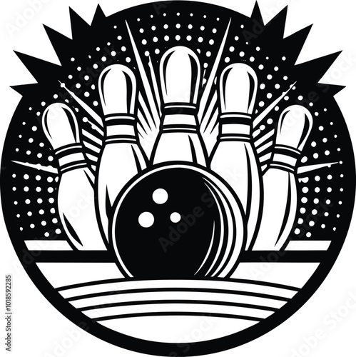 Bowling club labels set. Monochrome emblem templates balls, pins, and bowling team symbols in retro style. Vector illustrations for entertainment, hobby,