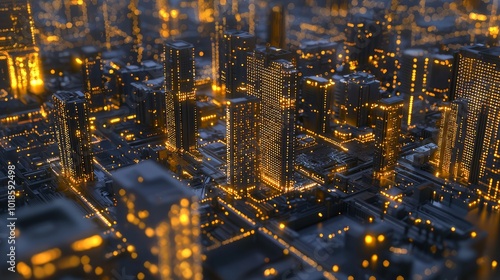 Futuristic Smart Cityscape: Dusk View of Connected Buildings with 5G Technology, Ray Tracing Illustration