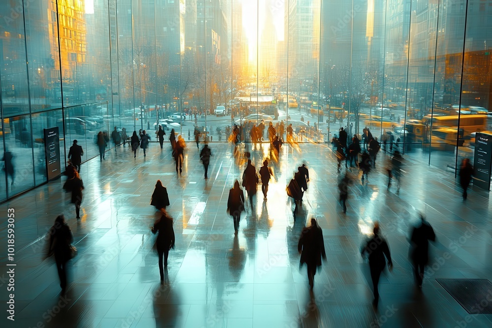long exposure shot capturing a bustling office lobby where a crowd of ...
