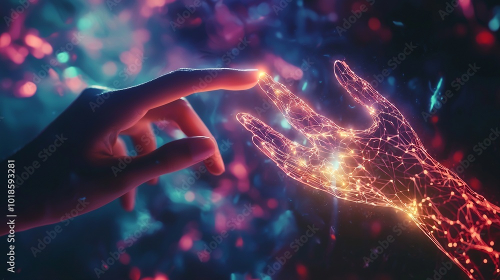 Human Hand Reaching Out to Digital Hand with Neon Lights Human Hand Reaching Out to Digital Hand with Neon Lights
