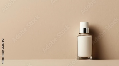 Subtle matte foundation in sleek glass bottle, minimalist makeup, natural flawless look