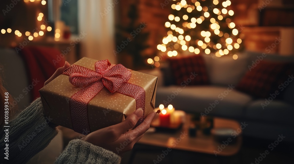 A cozy scene featuring a person holding a beautifully wrapped gift with a decorated Christmas tree and festive lights in the background. A cozy scene featuring a person holding a beautifully wrapped gift with a decorated Christmas tree and festive lights in the background.