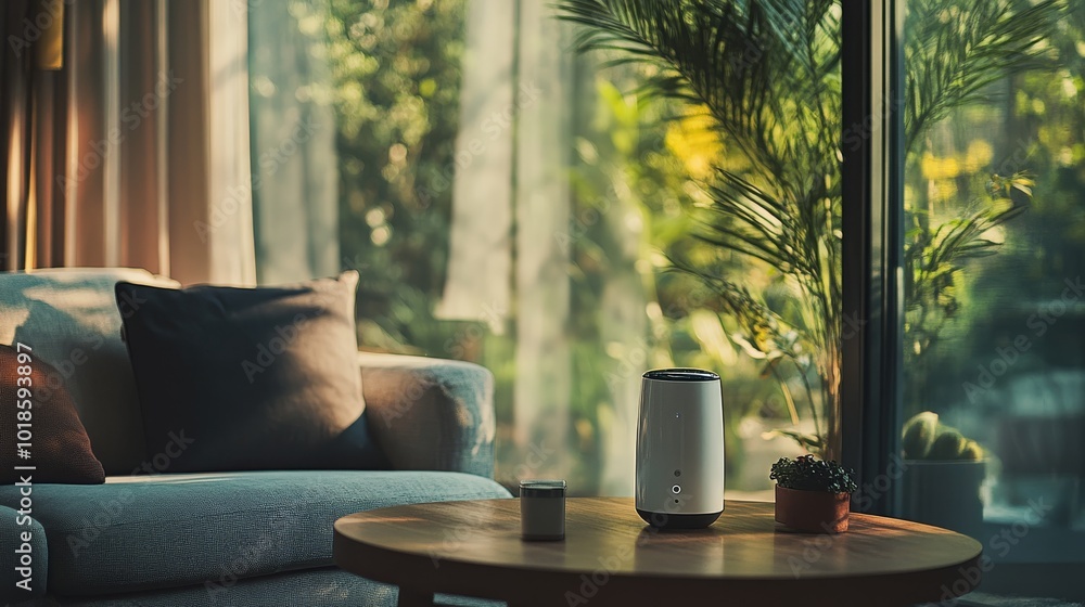 A cozy living room scene featuring a modern air purifier on a table beside a sofa, with sunlight filtering through large windows and plants in the background. A cozy living room scene featuring a modern air purifier on a table beside a sofa, with sunlight filtering through large windows and plants in the background.