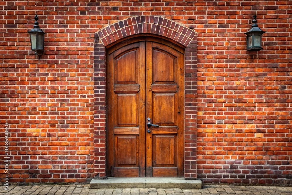 Antique wooden doors with brick wall background in red brick building Antique wooden doors with brick wall background in red brick building
