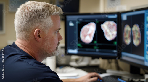 medical professional analyzes imaging data on dual monitors, focusing on detailed scans of anatomical structures. environment is clinical and high tech, reflecting advanced medical practices