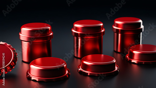 realistic renderings red bottle caps various angles showcased featuring detailed representations top bottom side perspectives photo