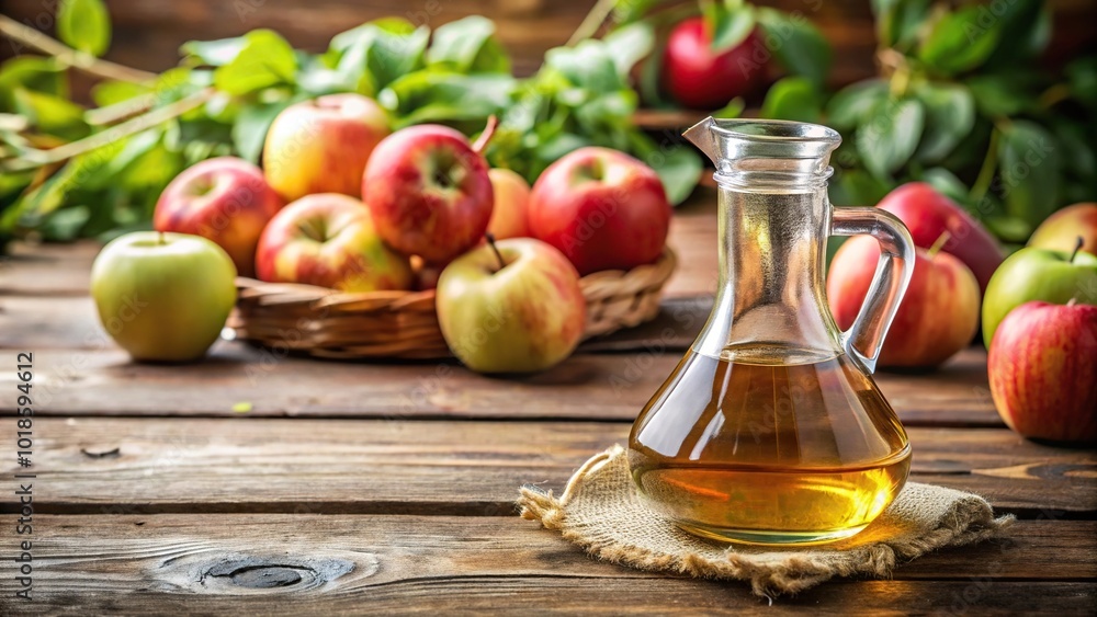 apple cider vinegar in a carafe on a wooden table with apples in the background Low Angle apple cider vinegar in a carafe on a wooden table with apples in the background Low Angle