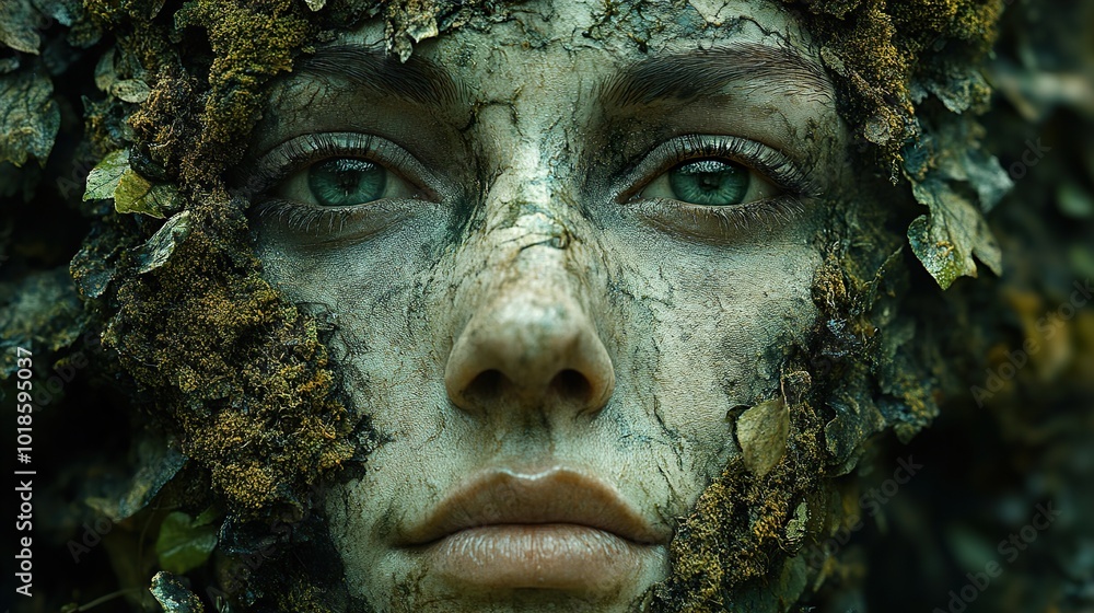 Obraz premium Close-up Portrait of a Woman with Green Moss and Leaves on Her Face