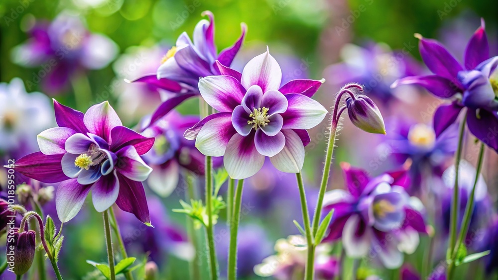 Aquilegia purple and white in spring garden, white flowers, natural background, selective depth of field, high angle Aquilegia purple and white in spring garden, white flowers, natural background, selective depth of field, high angle