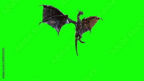 3d Illustration of a fantasy dark dragon and spread wing to flying isolated on green background.