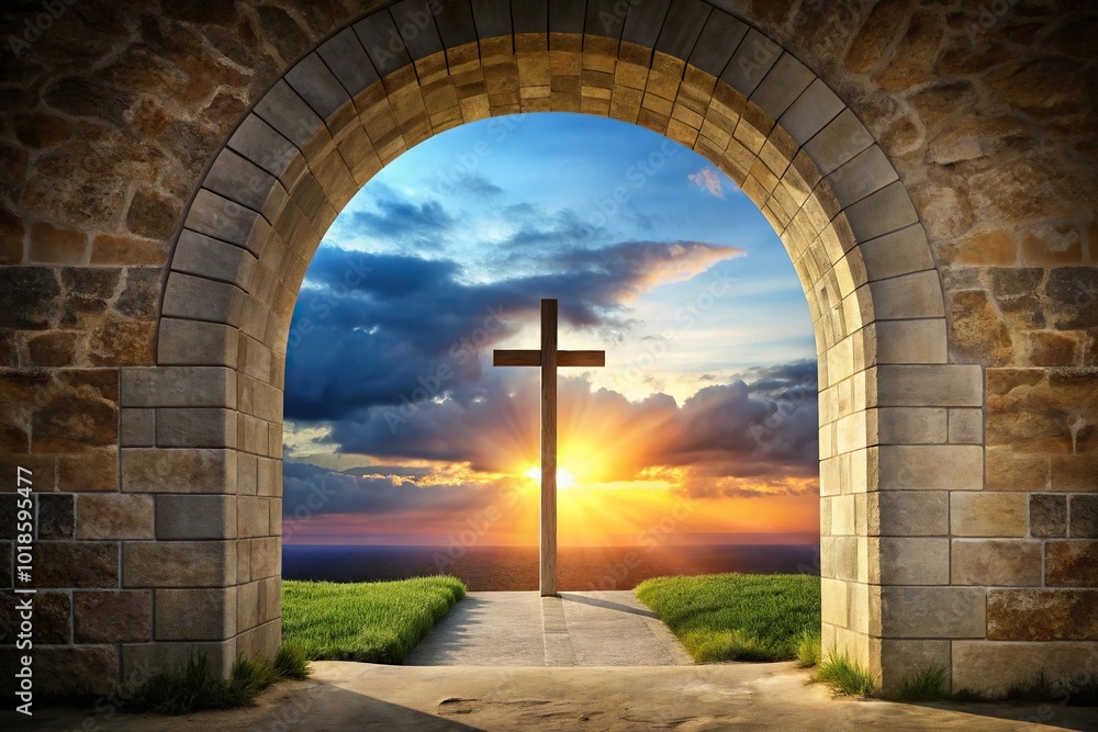 Fototapeta premium Archway with Christian cross for spiritual worship at eye level