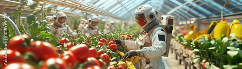 Astronauts cultivating fresh vegetables in a futuristic greenhouse, blending agriculture with space exploration for sustainability.