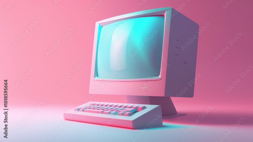 Retro Computer with Pink and Blue Lighting Retro Computer with Pink and Blue Lighting