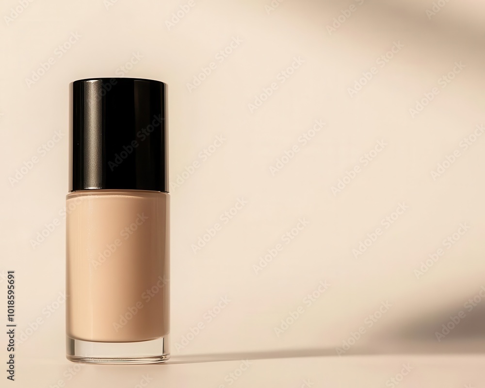 Lightweight natural foundation in minimalist glass packaging, simple makeup, eco-friendly design Lightweight natural foundation in minimalist glass packaging, simple makeup, eco-friendly design