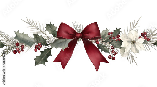 Christmas Decoration Red Bow Holly Poinsettia Festive Ornament