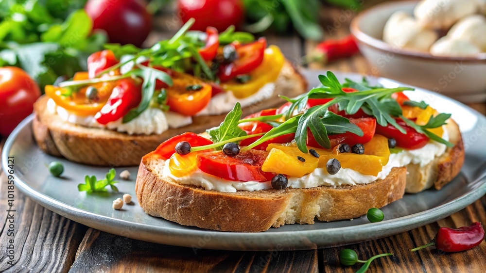 Aromatic bright bruschetta with cream cheese, roasted peppers, garlic, herbs, arugula on a plate Close-Up Aromatic bright bruschetta with cream cheese, roasted peppers, garlic, herbs, arugula on a plate Close-Up