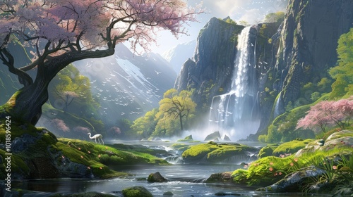 Serene Waterfall Oasis in a Mountain Valley