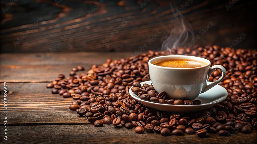 Aromatic cup of coffee with roasted beans reflection Aromatic cup of coffee with roasted beans reflection