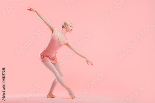 Ballerina in pink leotard dancing on pink background.