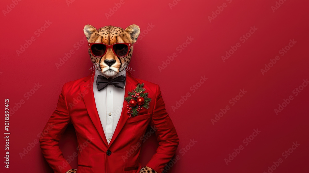 stylish leopard in red suit and sunglasses exudes confidence against vibrant red background. festive touch of bow tie and holiday decorations adds playful charm stylish leopard in red suit and sunglasses exudes confidence against vibrant red background. festive touch of bow tie and holiday decorations adds playful charm