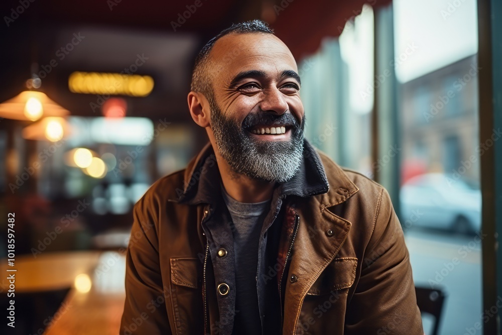 Portrait of a happy mature man with beard smiling in a pub Portrait of a happy mature man with beard smiling in a pub