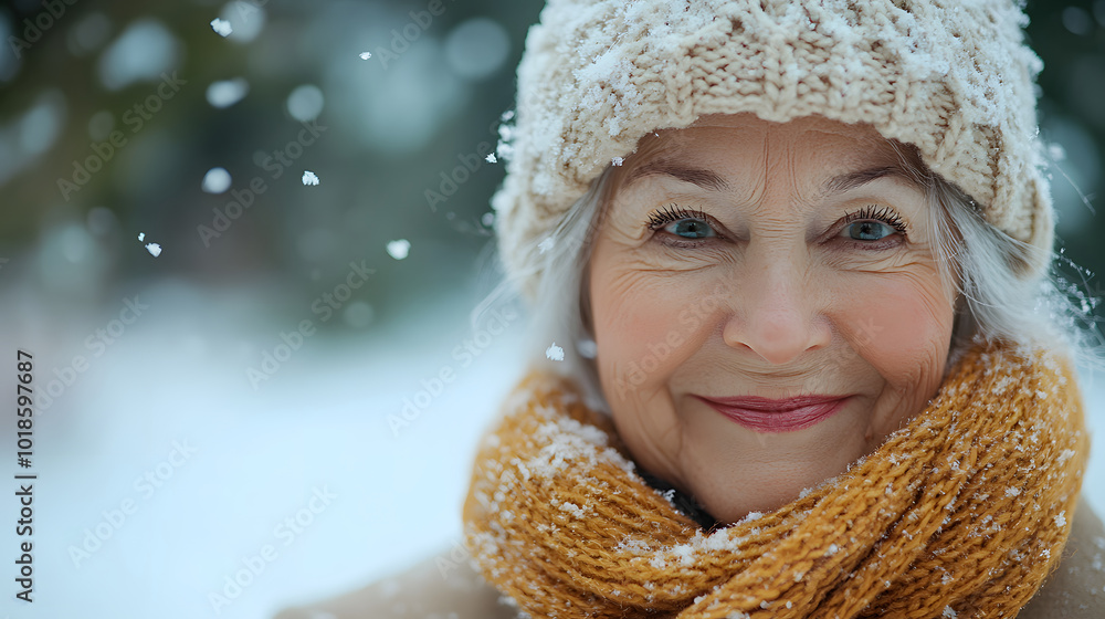 A smiling elder woman enjoying a snowy day outdoors with a warm scarf and hat in winter A smiling elder woman enjoying a snowy day outdoors with a warm scarf and hat in winter