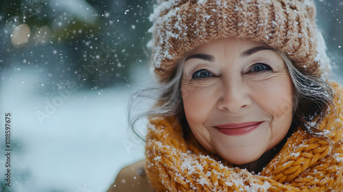 A smiling older woman in a warm hat and scarf enjoys a snowy winter day outdoors