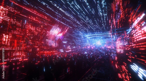 Immersive 5G Future: Futuristic Concert with Holographic Artists in Ray Tracing Digital Illustration photo