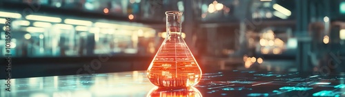 A glowing laboratory flask filled with a vibrant substance, showcasing scientific exploration and innovation. photo