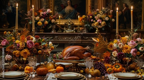 Luxurious Thanksgiving table setting with tall candle holders, gold-rimmed plates, polished silverware, opulent turkey centerpiece, and seasonal vegetables in warm tones and deep shadows