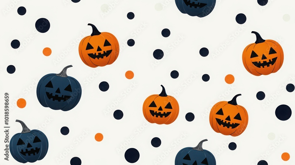 A whimsical pattern featuring smiling jack-o'-lanterns in orange and black, set against a light background with colorful polka dots, perfect for Halloween decor. A whimsical pattern featuring smiling jack-o'-lanterns in orange and black, set against a light background with colorful polka dots, perfect for Halloween decor.