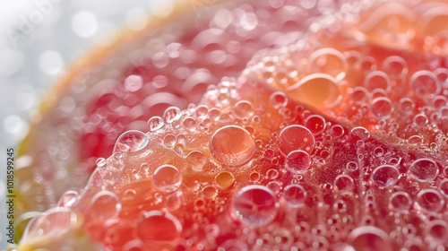 Minimalist view of a guava slice, simple white background, tiny water drops, frosted glass blur, vivid and detailed, macro shot.