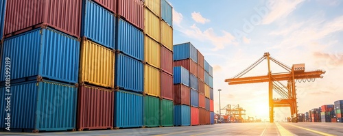 Colorful shipping containers at a port against a sunset sky, symbolizing global trade and commerce.