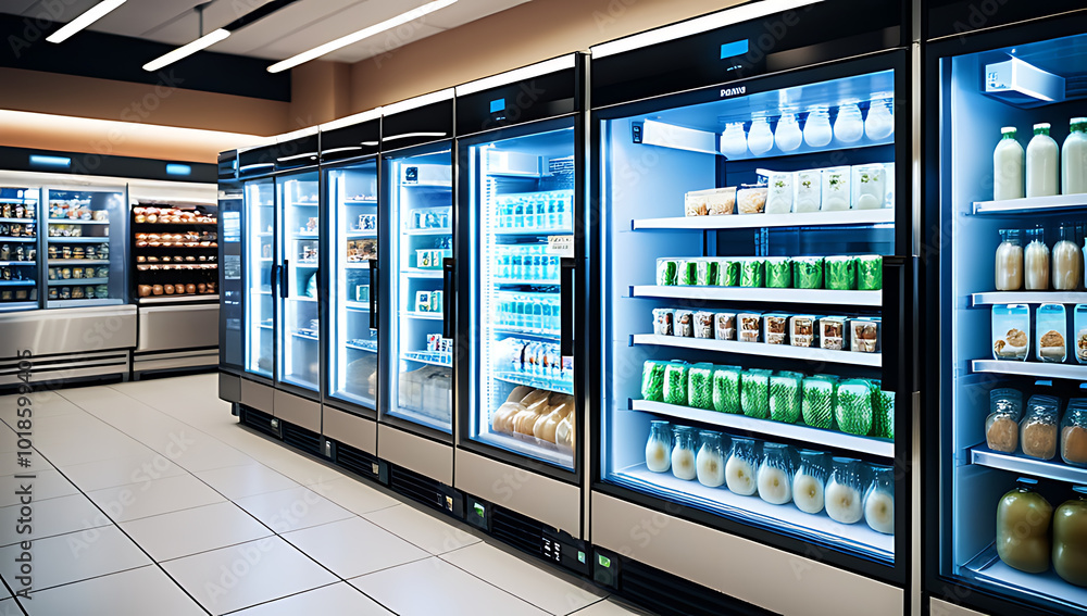 illustration depicts commercial refrigeration units displayed grocery store setting featuring glass doors sleek refrigerator model often used supermarket cafes illustration depicts commercial refrigeration units displayed grocery store setting featuring glass doors sleek refrigerator model often used supermarket cafes