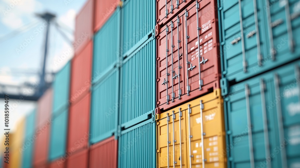 Fototapeta premium Colorful shipping containers stacked at a port, showcasing the global trade and logistics.