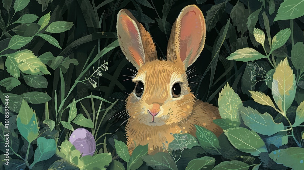 Bunny Peeking from Green Bushes with Purple Egg Bunny Peeking from Green Bushes with Purple Egg