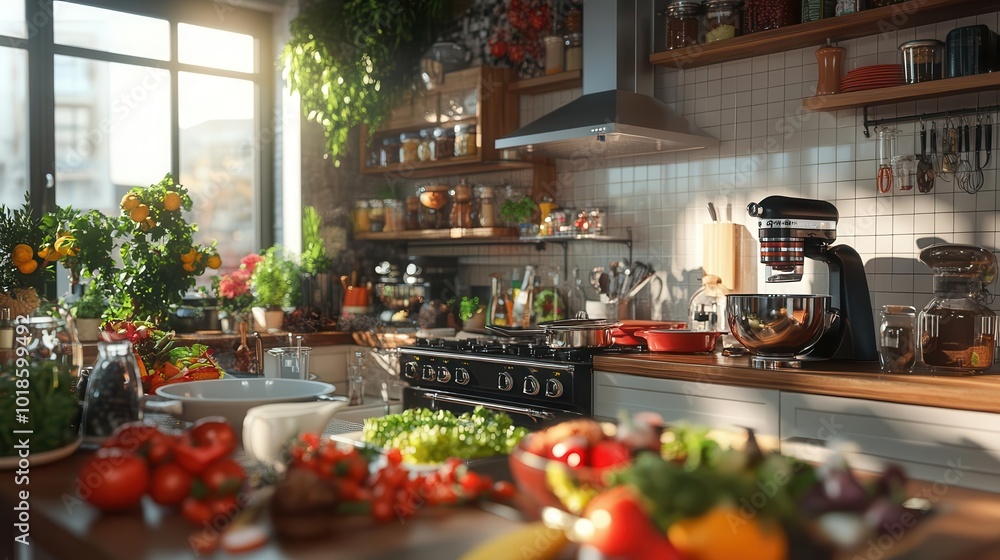 A vibrant kitchen filled with fresh vegetables, cookware, and sunlight, perfect for culinary inspiration and home cooking. A vibrant kitchen filled with fresh vegetables, cookware, and sunlight, perfect for culinary inspiration and home cooking.